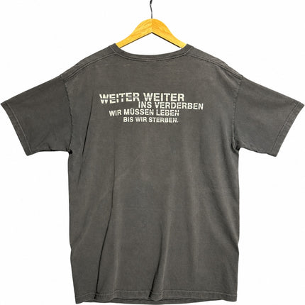 OutOf10 charcoal grey Rammstein Reise Reise band t-shirt with white lyric print on the back on a wooden hanger