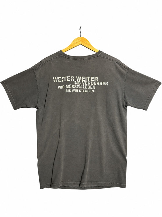 OutOf10 charcoal grey Rammstein Reise Reise band t-shirt with white lyric print on the back on a wooden hanger