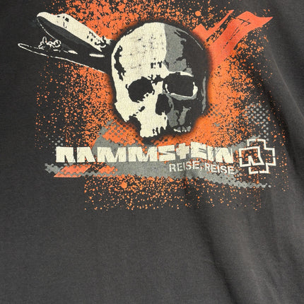 OutOf10 charcoal grey Rammstein Reise Reise band t-shirt with distressed skull, airplane, and orange paint splatter