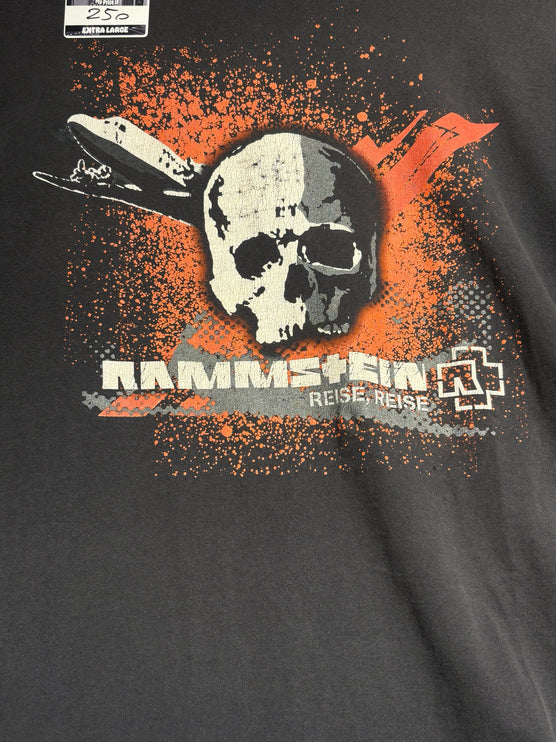 OutOf10 charcoal grey Rammstein Reise Reise band t-shirt with distressed skull, airplane, and orange paint splatter