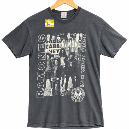 OutOf10 charcoal grey vintage-washed cotton Ramones graphic crew neck t-shirt with Gabba Gabba Hey print on a hanger.