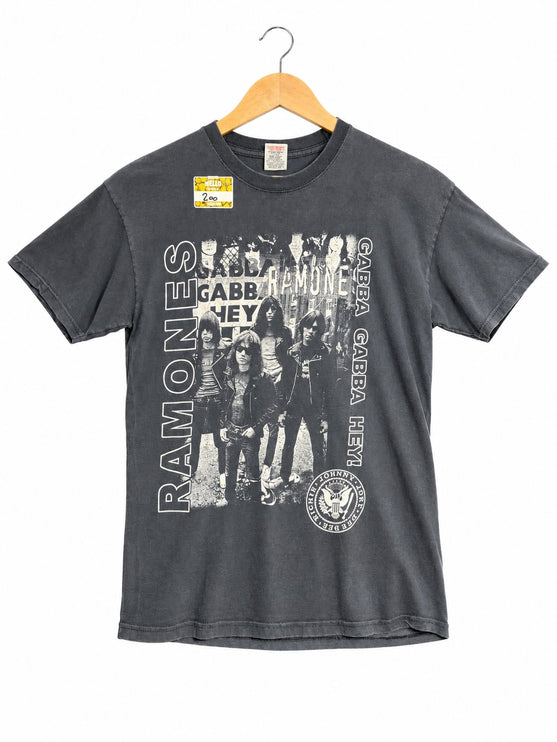 OutOf10 charcoal grey vintage-washed cotton Ramones graphic crew neck t-shirt with Gabba Gabba Hey print on a hanger.