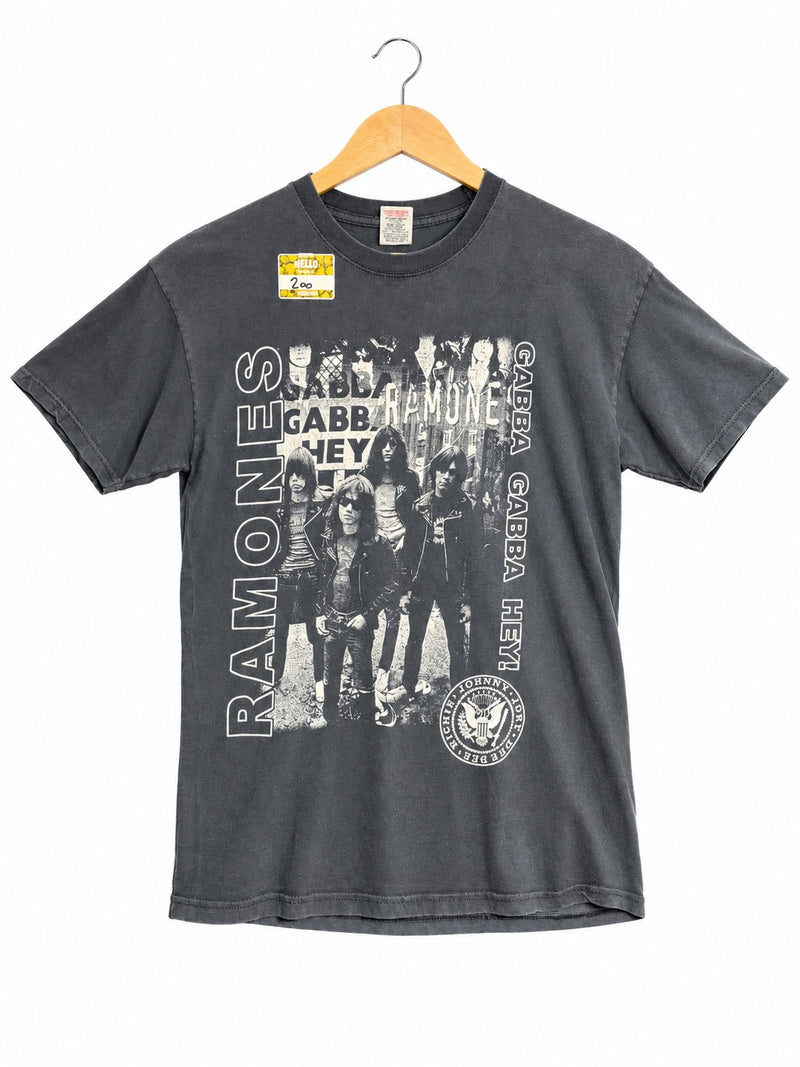 OutOf10 charcoal grey vintage-washed cotton Ramones graphic crew neck t-shirt with Gabba Gabba Hey print on a hanger.