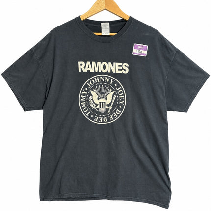 OutOf10 faded black cotton Ramones graphic t-shirt with iconic band seal logo on a wooden hanger