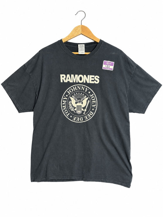 OutOf10 faded black cotton Ramones graphic t-shirt with iconic band seal logo on a wooden hanger