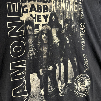 OutOf10 charcoal grey Ramones graphic t-shirt featuring a vintage black and white band print and Gabba Gabba Hey text