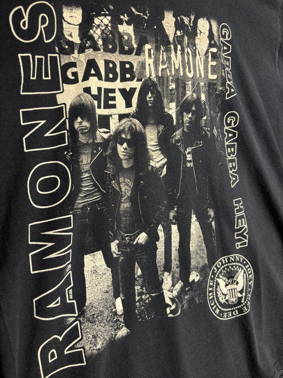 OutOf10 charcoal grey Ramones graphic t-shirt featuring a vintage black and white band print and Gabba Gabba Hey text