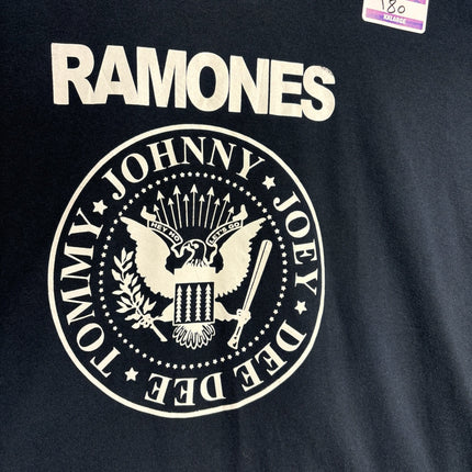 OutOf10 black cotton t-shirt featuring a white Ramones band seal graphic with member names and Hey Ho Let's Go text.