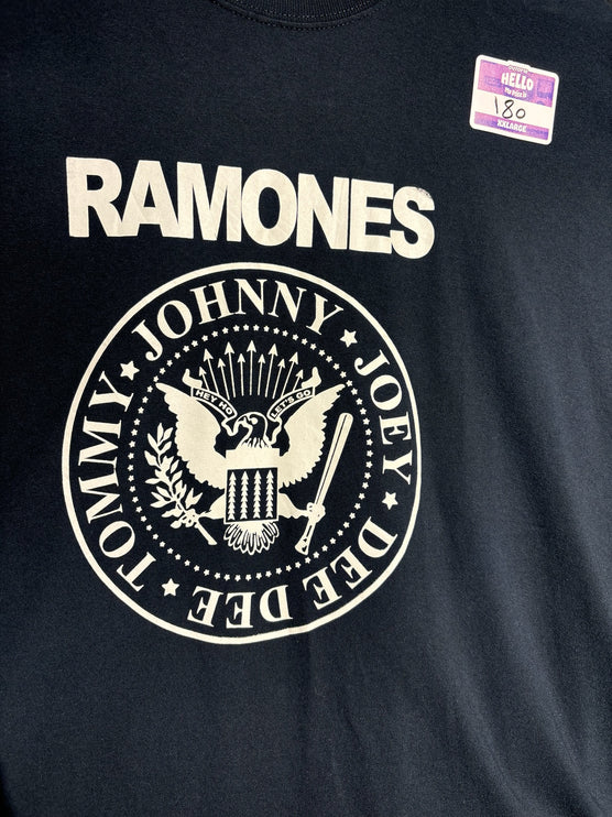 OutOf10 black cotton t-shirt featuring a white Ramones band seal graphic with member names and Hey Ho Let's Go text.