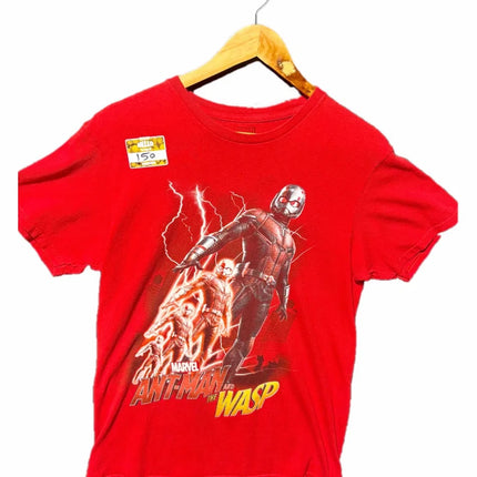 OutOf10 red cotton crew-neck t-shirt featuring a dynamic Ant-Man and The Wasp graphic print with lightning effects.