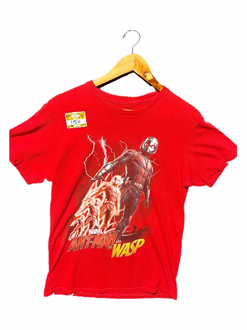 OutOf10 red cotton crew-neck t-shirt featuring a dynamic Ant-Man and The Wasp graphic print with lightning effects.
