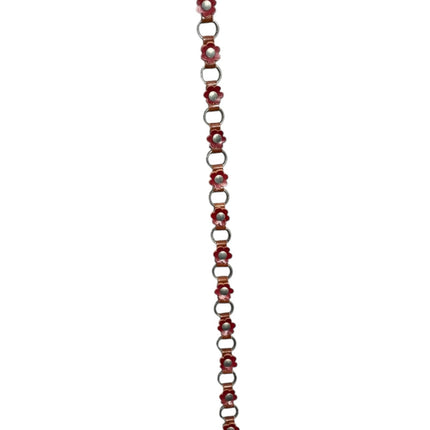 OutOf10 red floral link chain belt with polished silver-tone metal rings for a feminine and vintage-inspired look.