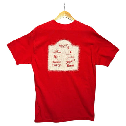 OutOf10 red cotton crewneck t-shirt featuring a distressed vintage-style graphic print of food brands on the back