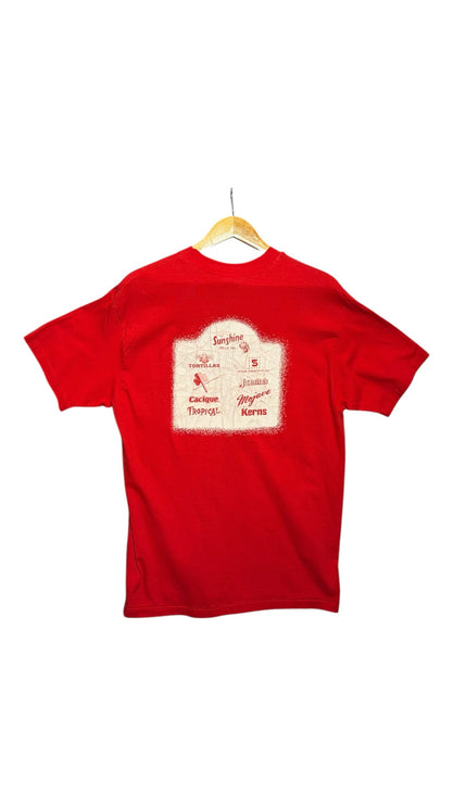 OutOf10 red cotton crewneck t-shirt featuring a distressed vintage-style graphic print of food brands on the back