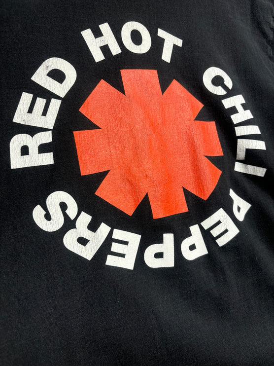 OutOf10 black cotton t-shirt featuring the iconic red asterisk logo and white Red Hot Chili Peppers typography