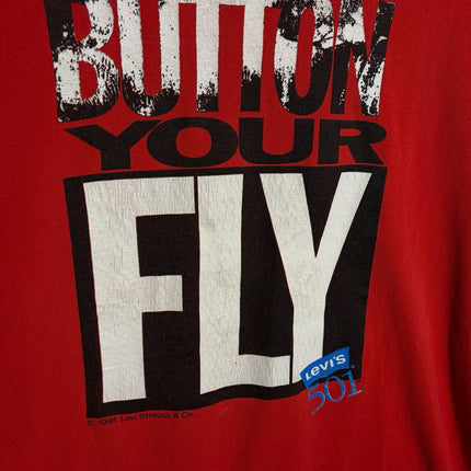 OutOf10 red cotton crewneck t-shirt featuring a vintage 1991 Levi's 501 Button Your Fly graphic print