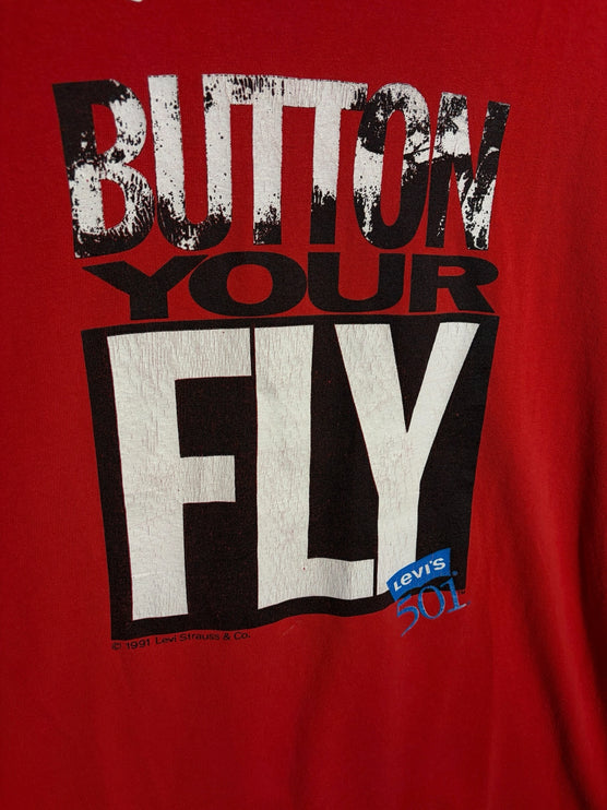 OutOf10 red cotton crewneck t-shirt featuring a vintage 1991 Levi's 501 Button Your Fly graphic print