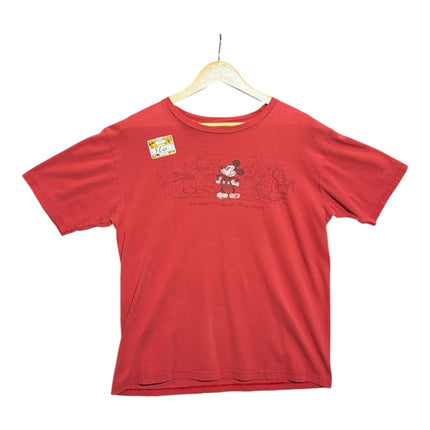 OutOf10 red crew neck t-shirt featuring a vintage Mickey Through the Years graphic print on soft cotton fabric.