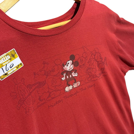 OutOf10 red crew neck t-shirt featuring a vintage Mickey Through the Years graphic print on a wooden hanger.