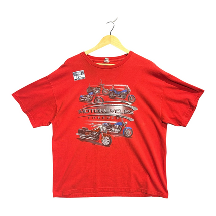 OutOf10 red crewneck t-shirt featuring a vintage Motorcycles Forever graphic print with multiple motorcycle designs.