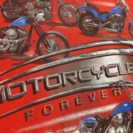 OutOf10 red crewneck t-shirt featuring a detailed vintage motorcycle graphic print with Motorcycles Forever text.