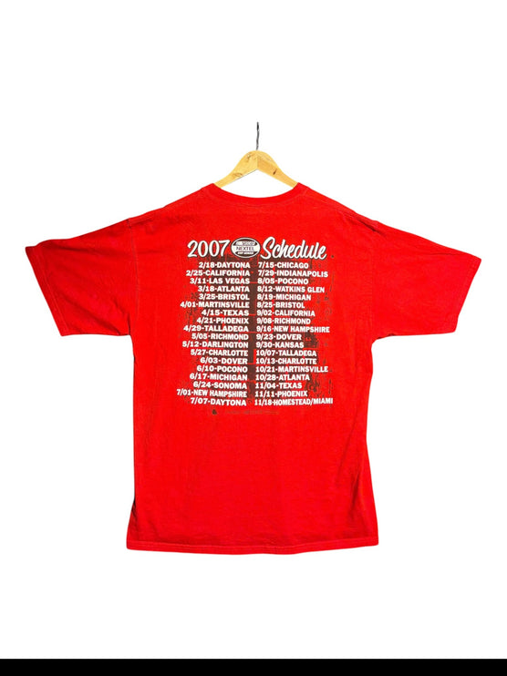 OutOf10 red vintage NASCAR Dale Earnhardt Jr. t-shirt featuring the 2007 Nextel Cup Series schedule on the back.