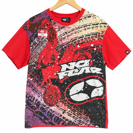 OutOf10 red cotton crewneck t-shirt featuring a bold No Fear graphic print with tire tracks and paint splatter design.