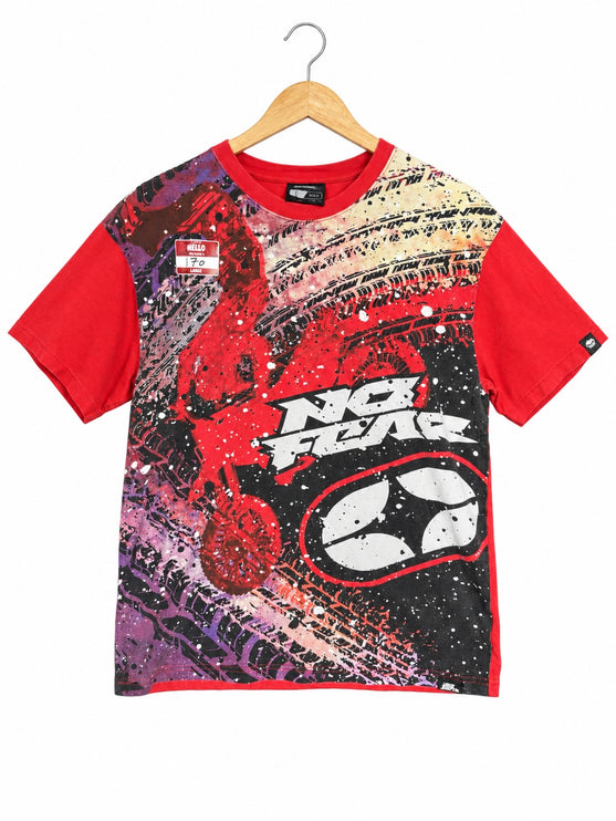 OutOf10 red cotton crewneck t-shirt featuring a bold No Fear graphic print with tire tracks and paint splatter design.