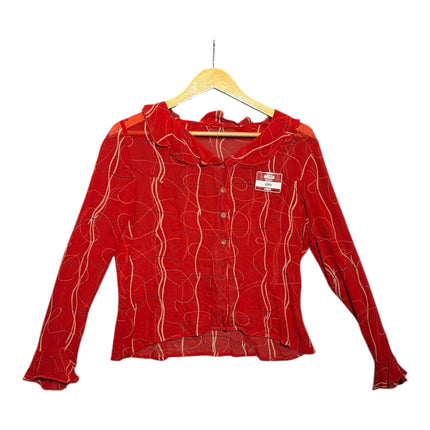 OutOf10 red sheer long sleeve blouse with abstract line pattern, ruffled collar, and button-down front on a hanger.