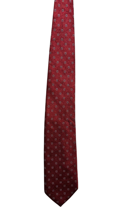 OutOf10 J.PRESS deep red silk necktie with a white geometric micro-pattern for formal business attire
