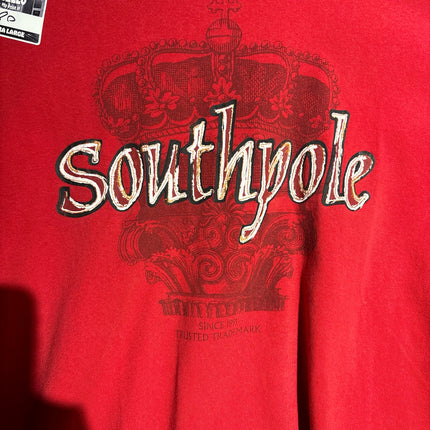 OutOf10 red Southpole crewneck t-shirt featuring a large embroidered crown graphic and logo on the chest
