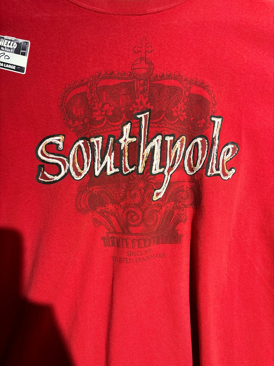 OutOf10 red Southpole crewneck t-shirt featuring a large embroidered crown graphic and logo on the chest