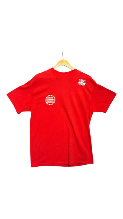 OutOf10 red cotton crewneck t-shirt featuring a small Southwest Supermarkets logo on the front chest