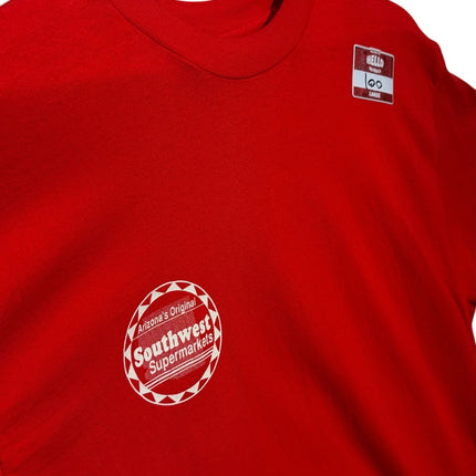 OutOf10 red cotton crewneck t-shirt featuring a small white Southwest Supermarkets logo on the chest