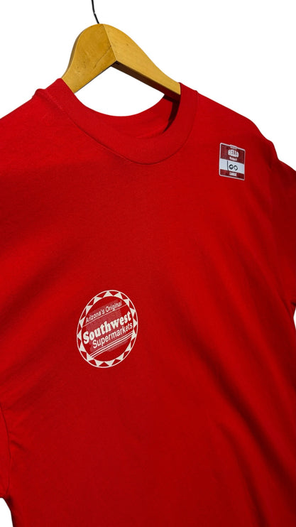 OutOf10 red cotton crewneck t-shirt featuring a small white Southwest Supermarkets logo on the chest