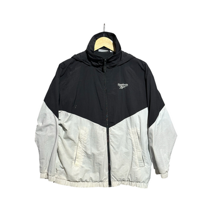 OutOf10 Reebok black and white color-blocked lightweight hooded windbreaker jacket with full-zip front