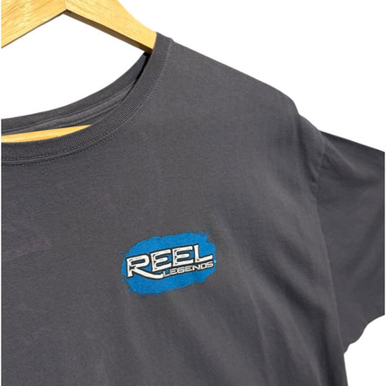 OutOf10 charcoal grey Reel Legends crewneck t-shirt with a small blue logo on the chest hanging on a wooden hanger