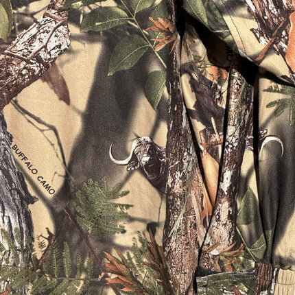 OutOf10 Ridgeline of New Zealand hooded outdoor jacket featuring a detailed Buffalo Camo woodland print pattern