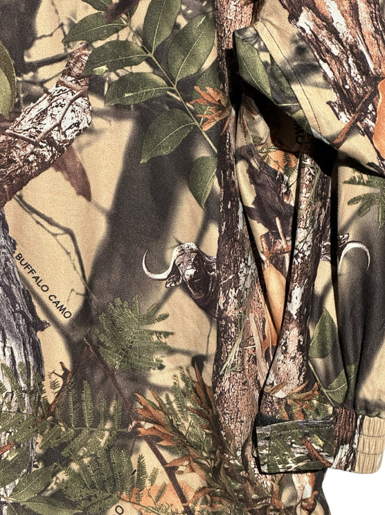 OutOf10 Ridgeline of New Zealand hooded outdoor jacket featuring a detailed Buffalo Camo woodland print pattern