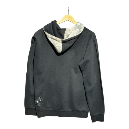 OutOf10 Rip Curl black zip-up hoodie featuring a plaid hood lining and a small graphic detail on the back hem.