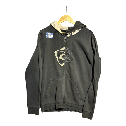 OutOf10 Rip Curl black zip-up hoodie with graphic chest print and contrast plaid hood lining on a wooden hanger