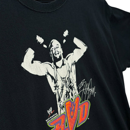 OutOf10 black cotton t-shirt featuring a vintage Rob Van Dam graphic and WWE logo on a wooden hanger.