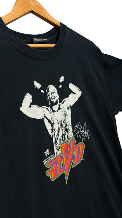 OutOf10 black cotton t-shirt featuring a vintage Rob Van Dam graphic and WWE logo on a wooden hanger.