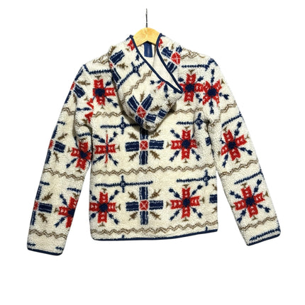 OutOf10 RODEO CROWNS cream fleece zip-up jacket with a multi-coloured Nordic geometric pattern and hood