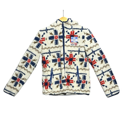 OutOf10 Rodeo Crowns cream fleece zip-up jacket with a multi-coloured Nordic geometric pattern and chest patch.