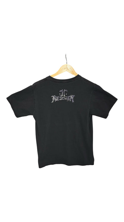 OutOf10 black cotton crewneck t-shirt featuring a distressed Rorschach logo on the back, hanging on a wooden hanger.