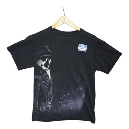 OutOf10 black cotton crewneck t-shirt featuring a graphic print of Rorschach from Watchmen on a hanger.