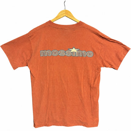 OutOf10 vintage rust-orange cotton crewneck t-shirt with retro Mossimo star graphic on the back, hanging on a hanger.