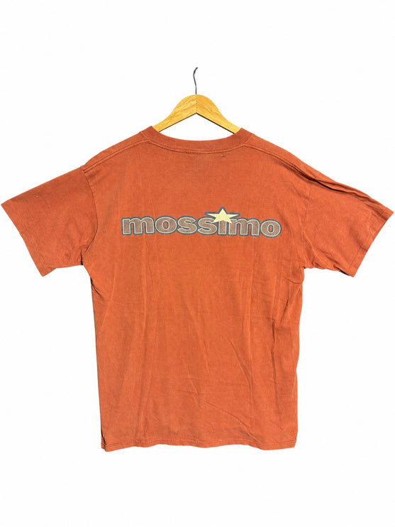 OutOf10 vintage rust-orange cotton crewneck t-shirt with retro Mossimo star graphic on the back, hanging on a hanger.