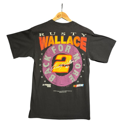 OutOf10 vintage black Rusty Wallace NASCAR graphic t-shirt featuring a circular back print with signature and logo